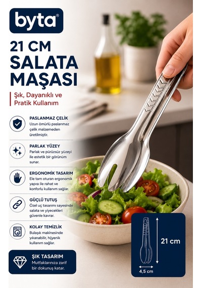 21 Cm Lüks Paslanmaz Çelik Salata Maşası Ergonomik Servis Ve Sunum Maşası Gri