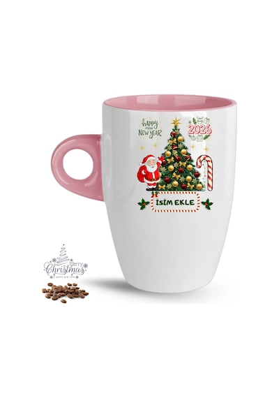 Yılbaşı Hediyesi Christmas Çam Ağacı İsimli Baskılı Porselen Latte Kupa Bardak Pembe Pembe