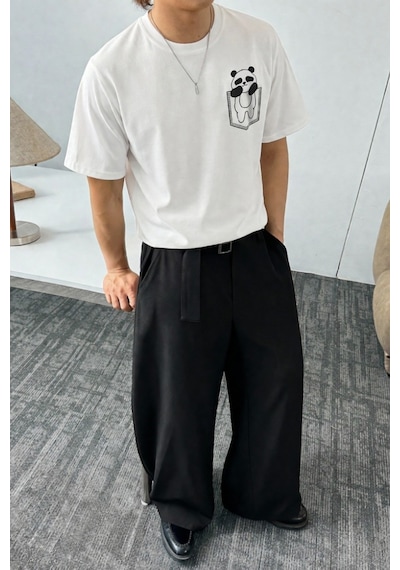 Tarz Cool Panda Baskılı Unisex Basic Tişört Rahat Kesim Günlük Stil Beyaz