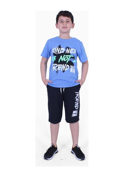 Fyk Kids Kind Nes-trend Wa Yazı Baskılı Erkek Çocuk Kapri Takım Mavi