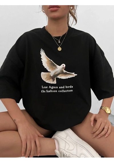 Kadın Kısa Kol Yazlık Tişört Bisiklet Yaka Güvercin Baskılı T-shirt - Siyah