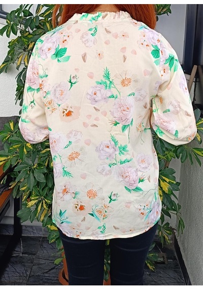 Kadın Kaçık Yaka Çiçekli/çiçek Desenli Poplin Bluz/gömlek 2276 Krem