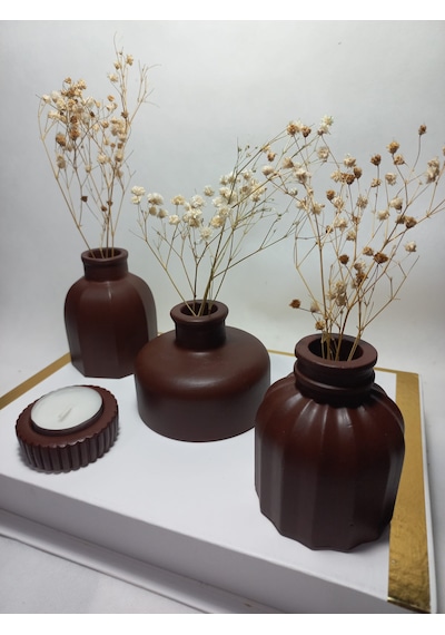 Modern Minimal Vazo Set 3'lü, Ev & Ofis Hediyelik, Dekoratif Obje, Kahverengi