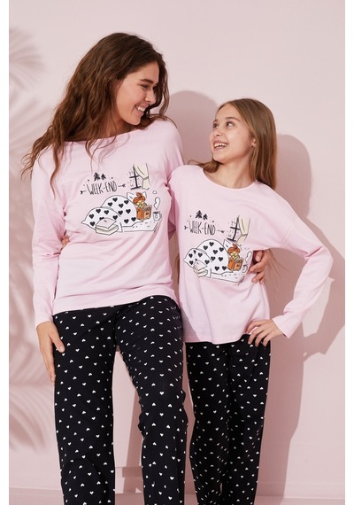 Siyah İnci Pamuklu Örme Pijama Takım 24241101 Pembe