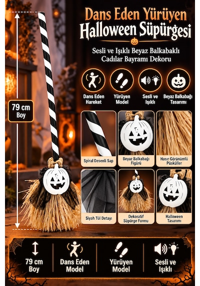 Halloween Cadılar Bayramı Dans Eden Yürüyen Süpürge Sesli Işıklı Beyaz Balkabağı Dekoru 79 Cm Diğer