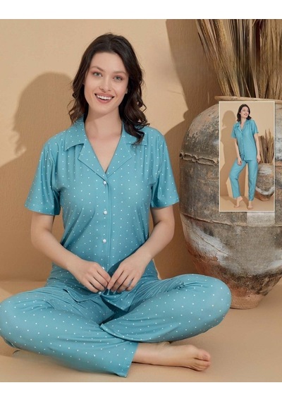 Boyraz Kadın Milan Boydan Düğmeli Kısa Kol Su Yeşili İnce Pijama Takımı 11034 - 1 Adet 001