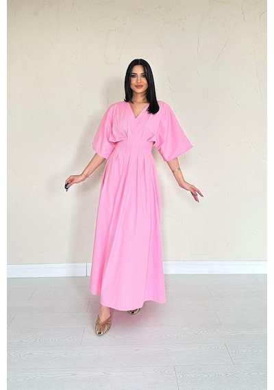 Erbilden Pembe Pileli Uzun Elbise Pembe