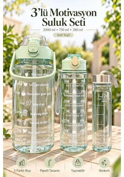 Madamev 3lü Motivasyonel Suluk Matara Seti 2000+750+280ml Pipetli Sticker Askılı Spor Okul Su Şişesi Çok Renkli