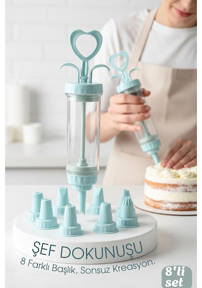 Transformacion Profesyonel 8 Başlıklı Pasta Krema Süsleme Pompası Seti, Enjektör Uçlu, Şeffaf Gövde, 18-20 Cm Y Diğer