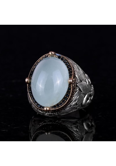 925 Ayar Gümüş El Yapımı Erkek Yüzük - Farklı Doğal Taş Seçenekleriyle Cabochon Akuamarin Gümüş
