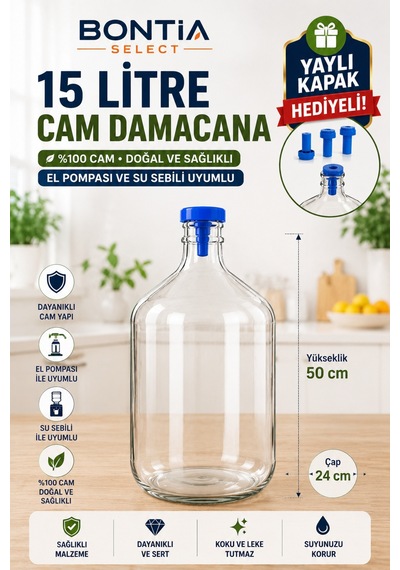 15 Litre Cam Damacana Koruyucu Kılıflı Yaylı Kapak Hediyeli Sebil Ve El Pompası Uyumlu %100 Cam Damacana Şeffaf