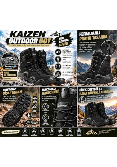 U Force Bot Unisex Su Geçirmez Sympatex , Kaymaz Dişli Taban, Fermuarlı, Hakiki Deri Siyah