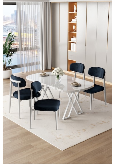 Canisa Jolin Serisi Mdf 90x168 Beyaz Mutfak Masa Takımı 4 Antrasit Metal Sandalye Beyaz Masa Antrasit Sandalye