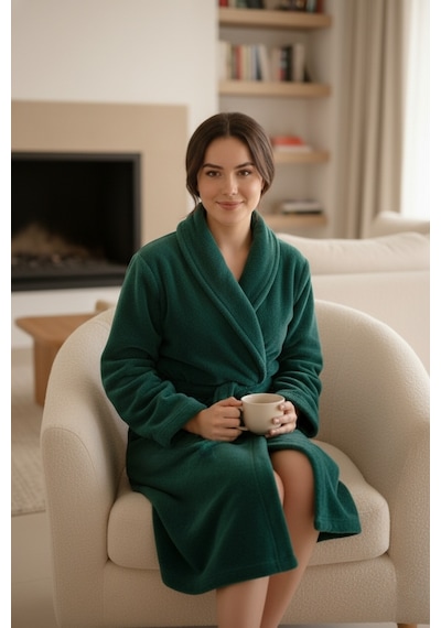 Mislina Home Lumor Şal Yaka Wellsoft Peluş Yumuşak Sabahlık Z.yeşili Zümrüt Yeşili