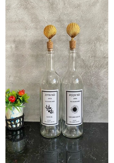 2 Adet Şeffaf 750 Ml Etiketli Şişe Altın İstiridye Tıpalı Yağdanl