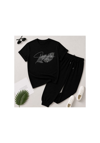 Herkesemoda Minimal Leaf Desenli T-shirt Eşofman Takımı Siyah