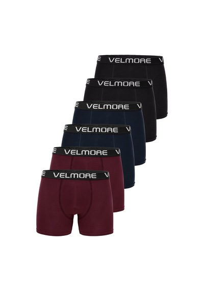 Velmore 6 Lı Kutu Premium Erkek Boxer Likralı Ve Pamuklu İç Giyim Siyah-lacivert-bordo