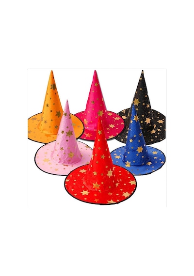 Yıldız Desenli Hallloween Cadı Şapkası, 38cm - Kırmızı