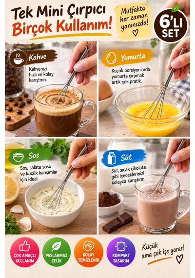 6'lı Mini Çırpıcı Seti 13 Cm Paslanmaz Çelik Çay Kahve Yumurta Sos Karıştırıcı Yaylı Mutfak Çırpıcı Gümüş