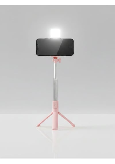 Katlanabilir Uzaktan Kumandalı Selfie Çubuğu Işıklı Masa Üstü Tripod Telefon Tutucu Pembe
