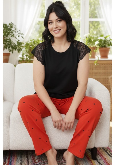 Siyah İnci Desenli Pamuklu Büyük Beden Battal Boy Örme Pijama Takım 26113882 Siyah