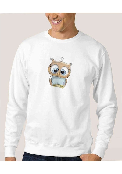 Kahverengi Baykuş Illüstrasyon Baskılı Beyaz Erkek Sweatshirt (534636381)