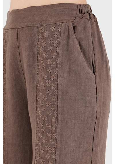 Via Dante % 100 Keten Relaxed Fit Brode İşlemeli Pantolon Bayan Pantolon 69912211 Kahve