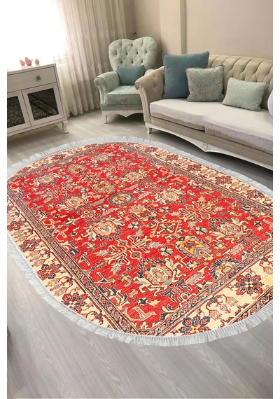 Alanur Kaymaz Yıkanabilir Dijital Baskılı Salon Halısı Trend Saçaklı Oval Otantik E6005 Renkli