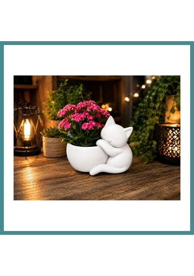 Trendexa 3d Baskı Sarılan Kedi Saksı - Sevimli Dekoratif Saksı - Beyaz Mac
