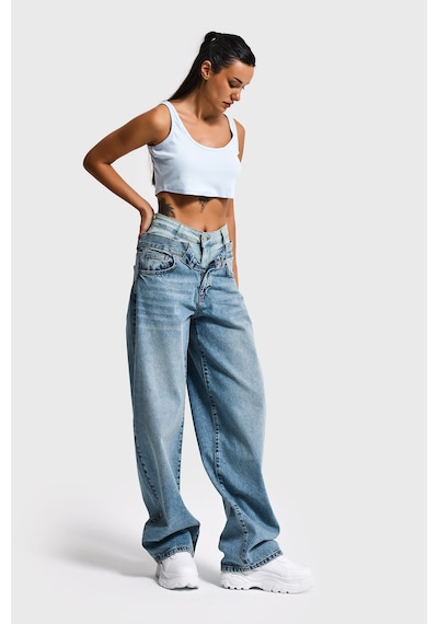 it's basic Kadın Kot Rengi 4s6-32 Barrel Fit Bol Kesim Çift Kemer Detaylı Tasarım Denim Jean Mavi