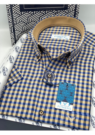 Klasik Kısa Kol Kareli Yaka Düğmeli Hediye Kutulu Erkek Gömlek Fs-004576 - Camel-3313
