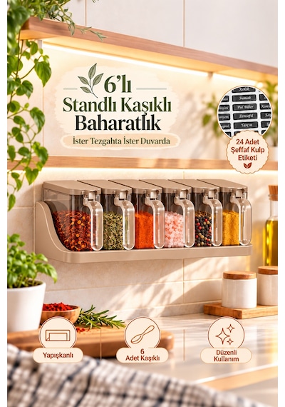 Porsima 4514 Kapuçino 6'lı Standlı Kaşıklı Baharatlık Seti Yapışkanlı Duvara Monte Ve Tezgah Üstü Şeffaf Kulp Etiketli Baharat Takımı Açık Kahve