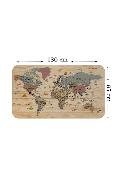 Ahşap Görünümlü Türkçe Eğitici Detaylı Atlası Dünya Haritası Duvar Sticker-85x130-3844 Çok Renkli