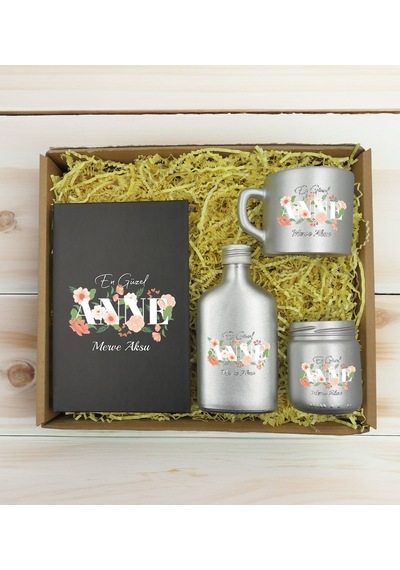 Bk Gift Kişiye Özel İsimli Dtf Anne Temalı Antrasit Defter & Gümüş Kahve Fincanı & Kolonya & Mum Hediye Seti-4, Anneye Hediye, Anneler Günü Hediyesi K
