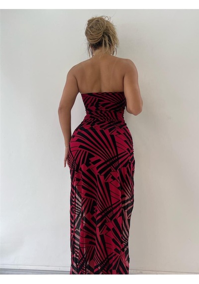 Pink Life Kırmızı Geometrik Desenli Flog Baskılı Astarlı Maxi Elbise-Kırmızı