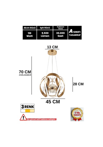 İthal Kasa Xl 3 Renk Kumandalı Led Avize Taç Toplu Gold Kasa Büyük Ledli Salon & Oturma Odası Avizesi Altın - 874904837 Altın - 874904837 Altın