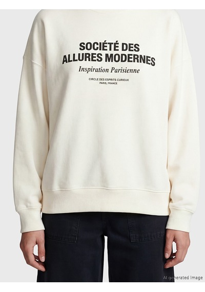Lcw Vision Ekru Bisiklet Yaka Baskılı Oversize Kadın Sweatshirt