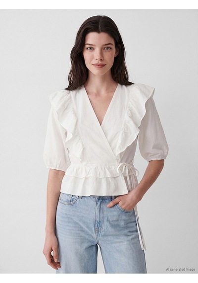 Lcw Comfort Beyaz Kruvaze Yaka Fırfırlı Bluz