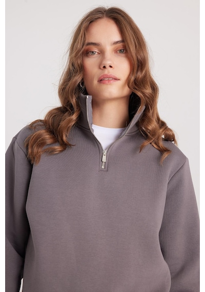 Tudors Kadın Relax Fit Rahat Kesim Pamuklu İçi Polarlı Yarım Fermuarlı Gri Dik Yaka Sweatshirt-37894 Gri