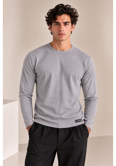 Alexandergardi Bisiklet Yaka İnce Fitilli Basic Sweatshirt Gri