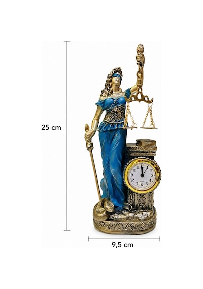Hukuk Bürosu Masaüstü Lüks Polyester Themis Terazili Adalet Tanrıçası Heykeli Saatli Biblo Mavi 25cm Çok Renkli