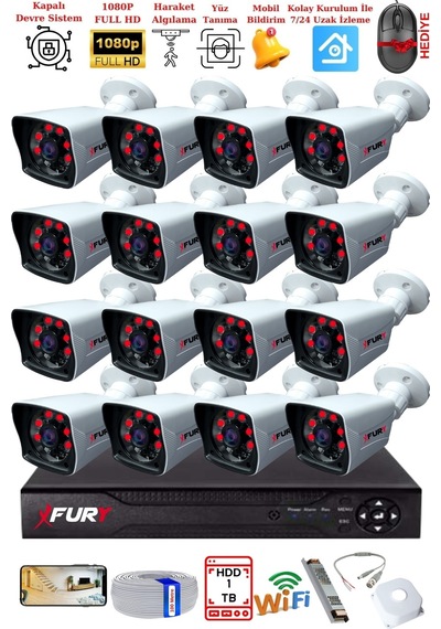 Fury 16 Kameralı 2mp Full Hd Görüntü 6 Atom Led Gece Görüşlü Dış Mekan Güvenlik Kamerası Seti 1tb