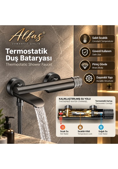 Alfas Termostatik Duş Bataryası Seti 3 Fonksiyonlu Basınç Artırıcı Pirinç Banyo Duş Sistemi Antrasit