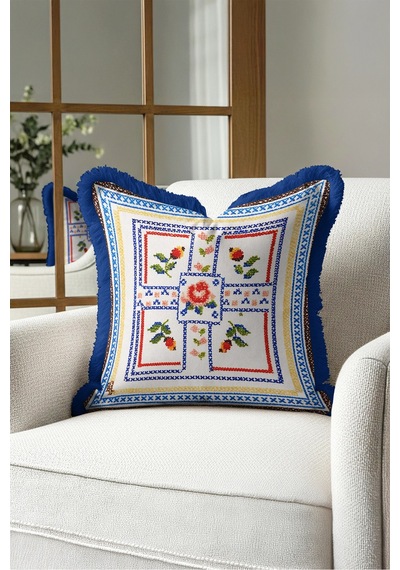 Çiçekli Etnik Motifli Saçaklı Yastık Kılıfı - Otantik Boho Mavi Lacivert Püsküllü Kırlent Kılıfı Sakin Düş Opal