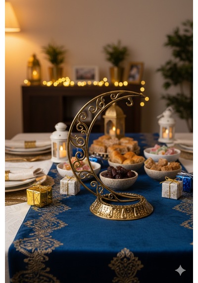 28 Cm Ramazan Dekoratif Masa Üstü Hilal Eskitme Gold Plastik Tabanlı Süs Diğer