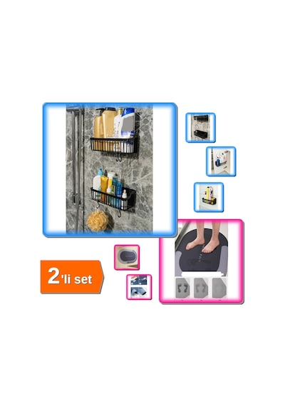 Buççin Online Mağaza 2 Adet Yapışkanlı Plastik Askılı Raf + Sihirli Su Emici Kaydırmaz Banyo Paspası - 2li Set M5y2p1 Pla Çok Renkli