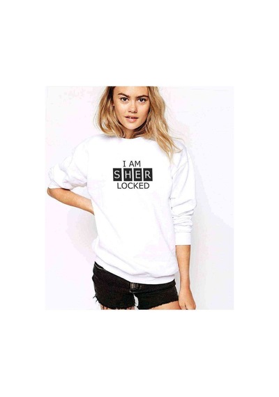 Sherlock I Am Sher Locked Baskılı Beyaz Kadın Sweatshirt