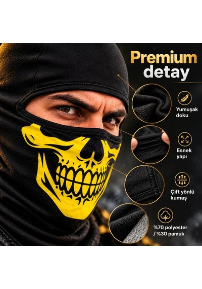 Genel Unisex Sarı Kurukafa Desenli Balaklava Kar Maskesi Siyah Tam Yüz Boyunluk Motos Siyah / Standart