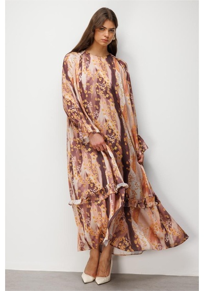 Desenli Mizalle Floral Detaylı Maksi Elbise Çok renkli