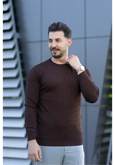 Hk Premium Triko Kazak Fitilli Slim Fit Bisiklet Yaka Likralı Kışlık Sweatshirt Kahverengi Hk Premium Triko Kazak Fitilli Slim Fit Bisiklet Yaka Likralı Kışlık Sweatshirt Kahverengi